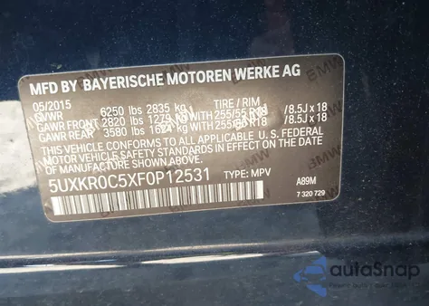 2015 BMW X5 xDrive35I z USA, uszkodzony, nr VIN 5UXKR0C5XF0P12531